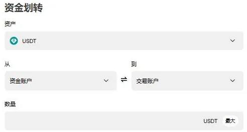 欧易网页版资金划转页：资产 USDT，从资金账户到交易账户，下面是数量输入框和最大按钮